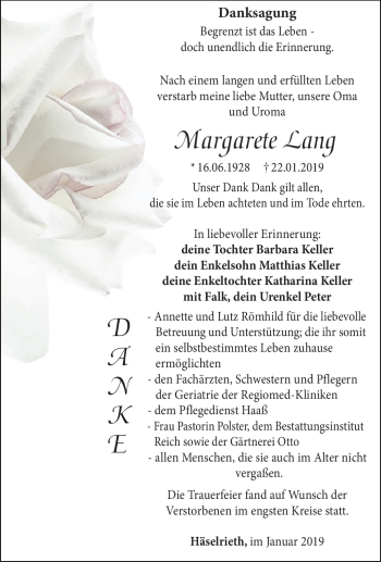 Traueranzeige von Margarete Lang von Südthüringer Presse