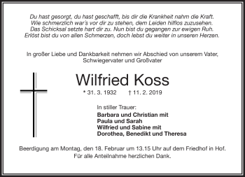 Traueranzeige von Wilfried Koss von Frankenpost