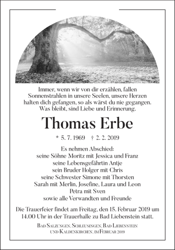 Traueranzeige von Thomas Erbe von Südthüringer Presse