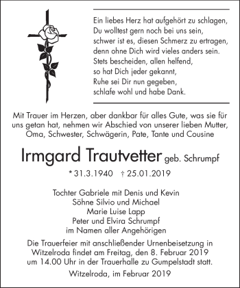 Traueranzeige von Irmgard Trautvetter von Südthüringer Presse