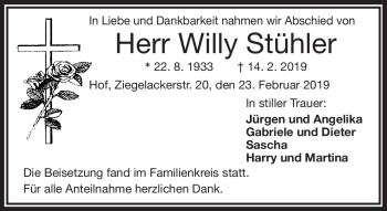 Traueranzeige von Willi Stühler von Frankenpost