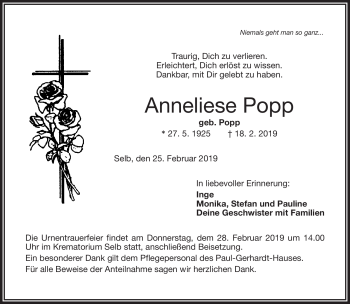 Traueranzeige von Anneliese Popp von Frankenpost