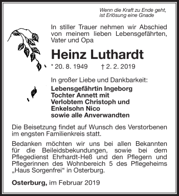 Traueranzeige von Heinz Luthardt von Südthüringer Presse