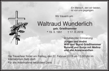 Traueranzeige von Waltraud Wunderlich von Frankenpost