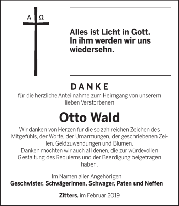 Traueranzeige von Otto Wald von Südthüringer Presse