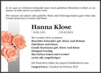 Traueranzeige von Hanna Klose von Südthüringer Presse
