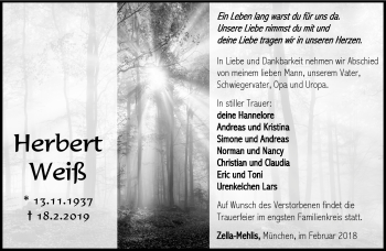 Traueranzeige von Herbert Weiß von Südthüringer Presse