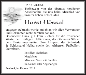 Traueranzeige von Horst Hössel von Südthüringer Presse