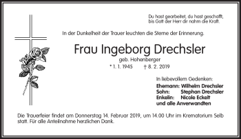 Traueranzeige von Wilhelm Drechsler von Frankenpost