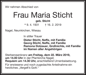 Traueranzeige von Maria Sticht von Frankenpost