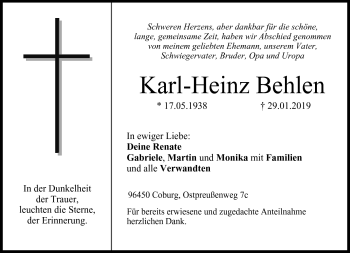 Traueranzeige von Karl-Heinz Behlen von Neue Presse Coburg