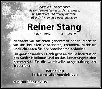 Traueranzeige von Reiner Stang von Südthüringer Presse