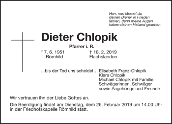 Traueranzeige von Dieter Chlopik von Südthüringer Presse