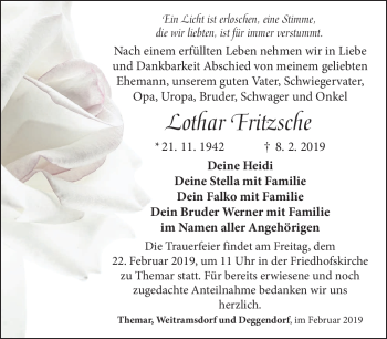 Traueranzeige von Lothar Fritzsche von Südthüringer Presse