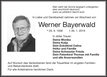 Traueranzeige von Werner Bayerwald von Frankenpost