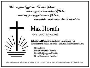 Traueranzeige von Max Hörath von Frankenpost