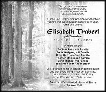 Traueranzeige von Elisabeth Trabert von Südthüringer Presse