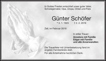 Traueranzeige von Günter Schöfer von Frankenpost