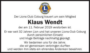 Traueranzeige von Klaus Wendt von Neue Presse Coburg