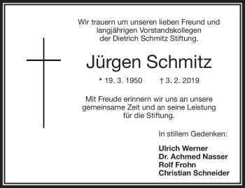Traueranzeige von Jürgen Schmitz von Frankenpost