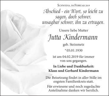 Traueranzeige von Jutta Kindermann von Südthüringer Presse