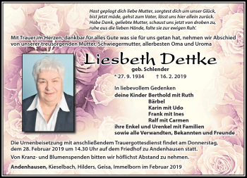 Traueranzeige von Lisbeth Dettke von Südthüringer Presse
