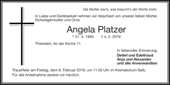Traueranzeige von Angela Platzer von Frankenpost