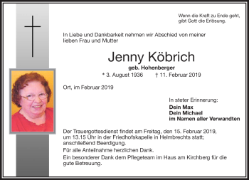 Traueranzeige von Jenny Köbrich von Frankenpost