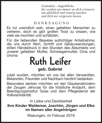 Traueranzeige von Ruth Leifer von Südthüringer Presse