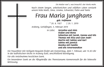Traueranzeige von Maria Junghans von Frankenpost