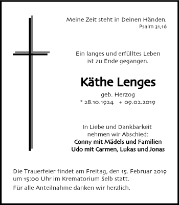 Traueranzeige von Käthe Lenges von Frankenpost