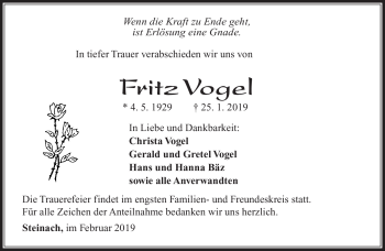 Traueranzeige von Fritz Vogel von Südthüringer Presse