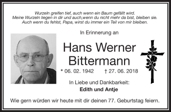 Traueranzeige von Hans Werner Bittermann von Frankenpost
