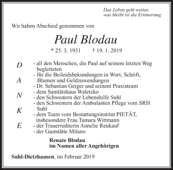 Traueranzeige von Paul Blodau von Südthüringer Presse