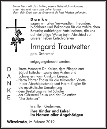 Traueranzeige von Irmgard Trautvetter von Südthüringer Presse
