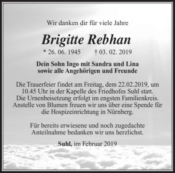 Traueranzeige von Brigitte Rebhan von Südthüringer Presse