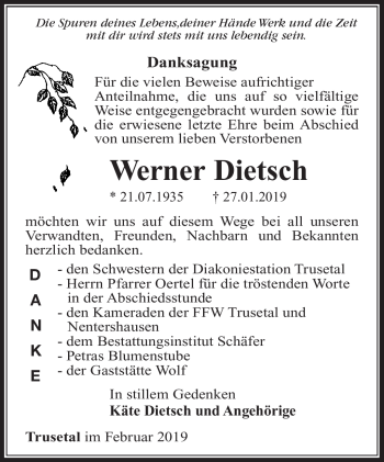 Traueranzeige von Werner Dietsch von Südthüringer Presse