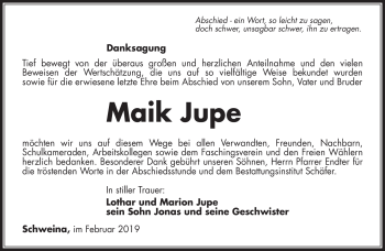 Traueranzeige von Maik Jupe von Südthüringer Presse