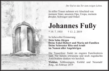 Traueranzeige von Johannes Fußy von Südthüringer Presse