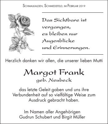 Traueranzeige von Margot Frank von Südthüringer Presse