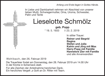 Traueranzeige von Lieselotte Schmölz von Neue Presse Coburg