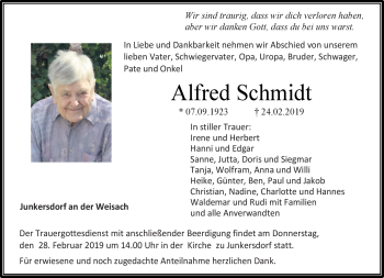 Traueranzeige von Alfred Schmidt von Neue Presse Coburg
