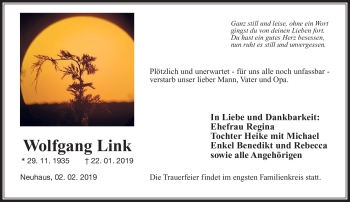 Traueranzeige von Wolfgang Link von Südthüringer Presse