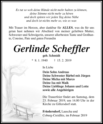 Traueranzeige von Gerlinde Scheffler von Südthüringer Presse