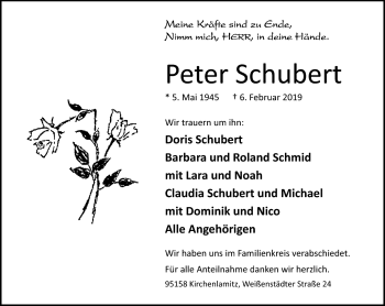 Traueranzeige von Peter Schubert von Frankenpost