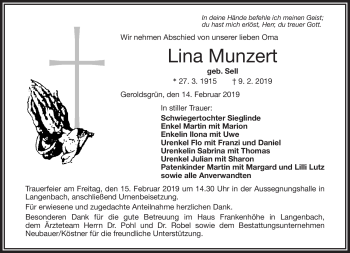 Traueranzeige von Lina Munzert von Frankenpost