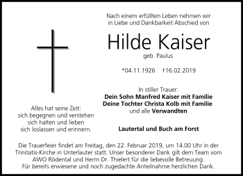 Traueranzeige von Hilde Kaiser von Neue Presse Coburg