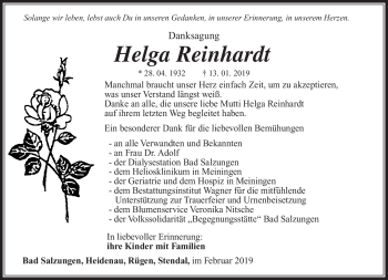 Traueranzeige von Helga Reinhardt von Südthüringer Presse