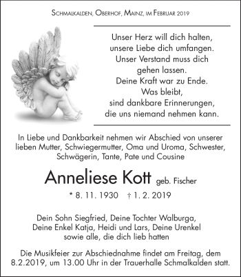 Traueranzeige von Anneliese Kott von Südthüringer Presse