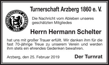 Traueranzeige von Hermann Schelter von Frankenpost